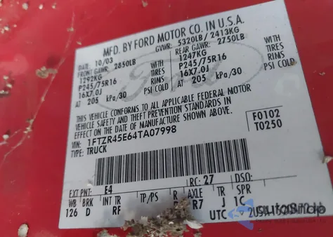 2004 Ford Ranger Edge/Tremor/Xlt from USA, damaged, VIN 1FTZR45E64TA07998